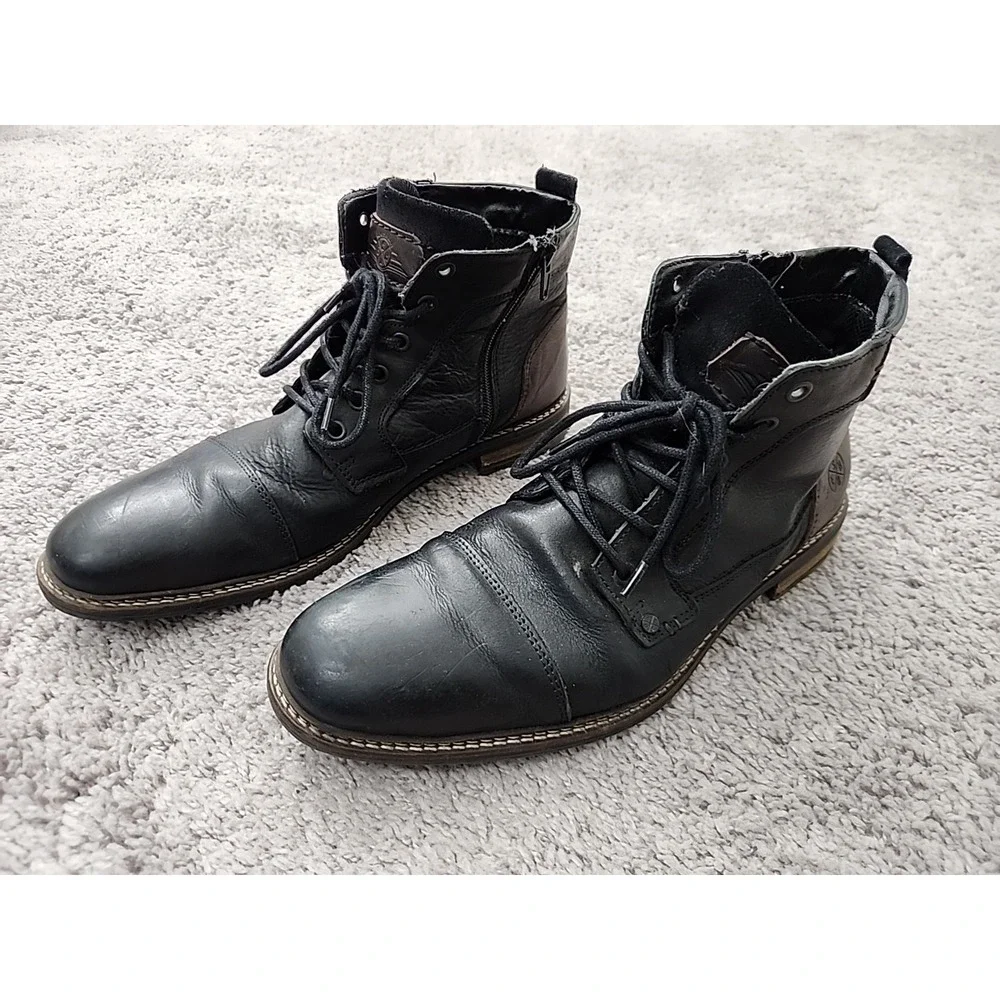 Bullboxer Leather Ankle Boots Mens 12 Black Leather Lace Up Side Zipper Cap Toe